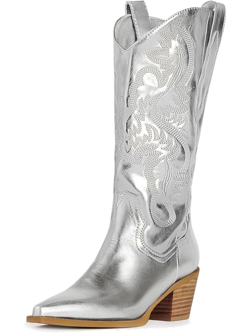Women's Metallic Silver Rubber Embroidered Mid-Calf Knee High Cowgirl Boots